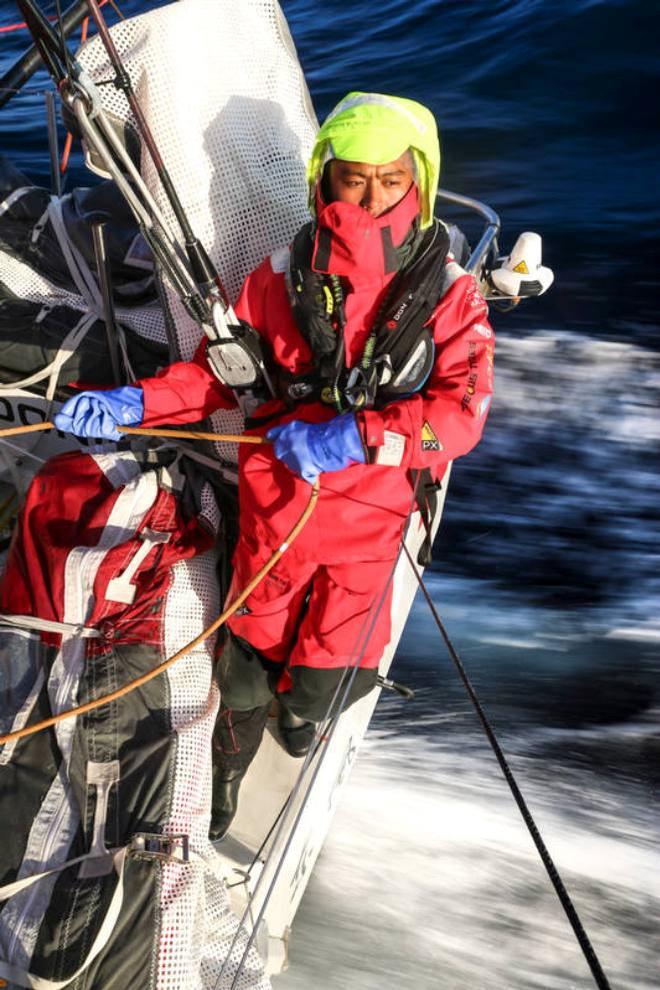 Onboard Dongfeng Race Team - Liu Xue 'Black' holding the sheet and ready to ease - Leg five to Itajai -  Volvo Ocean Race 2015 © Yann Riou / Dongfeng Race Team